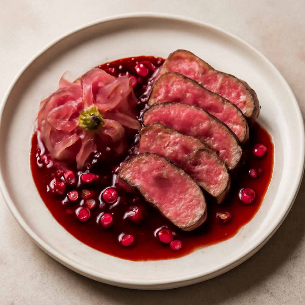 Tataki di manzo con salsa al vino rosso e succo di melograno con cipolle di Cannara