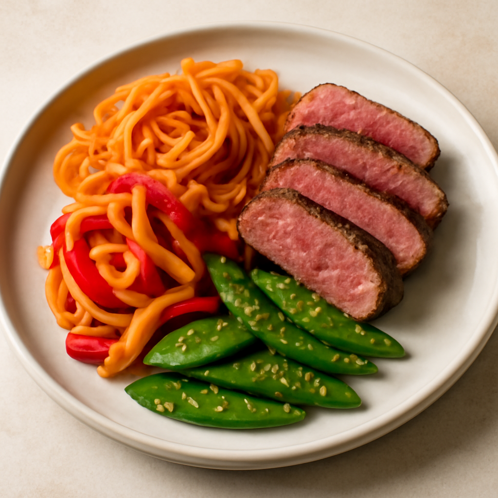 Tataki di manzo con spaghetti di patate dolci saltati con peperoni alla salsa di soia e taccole ai semi di quinoa