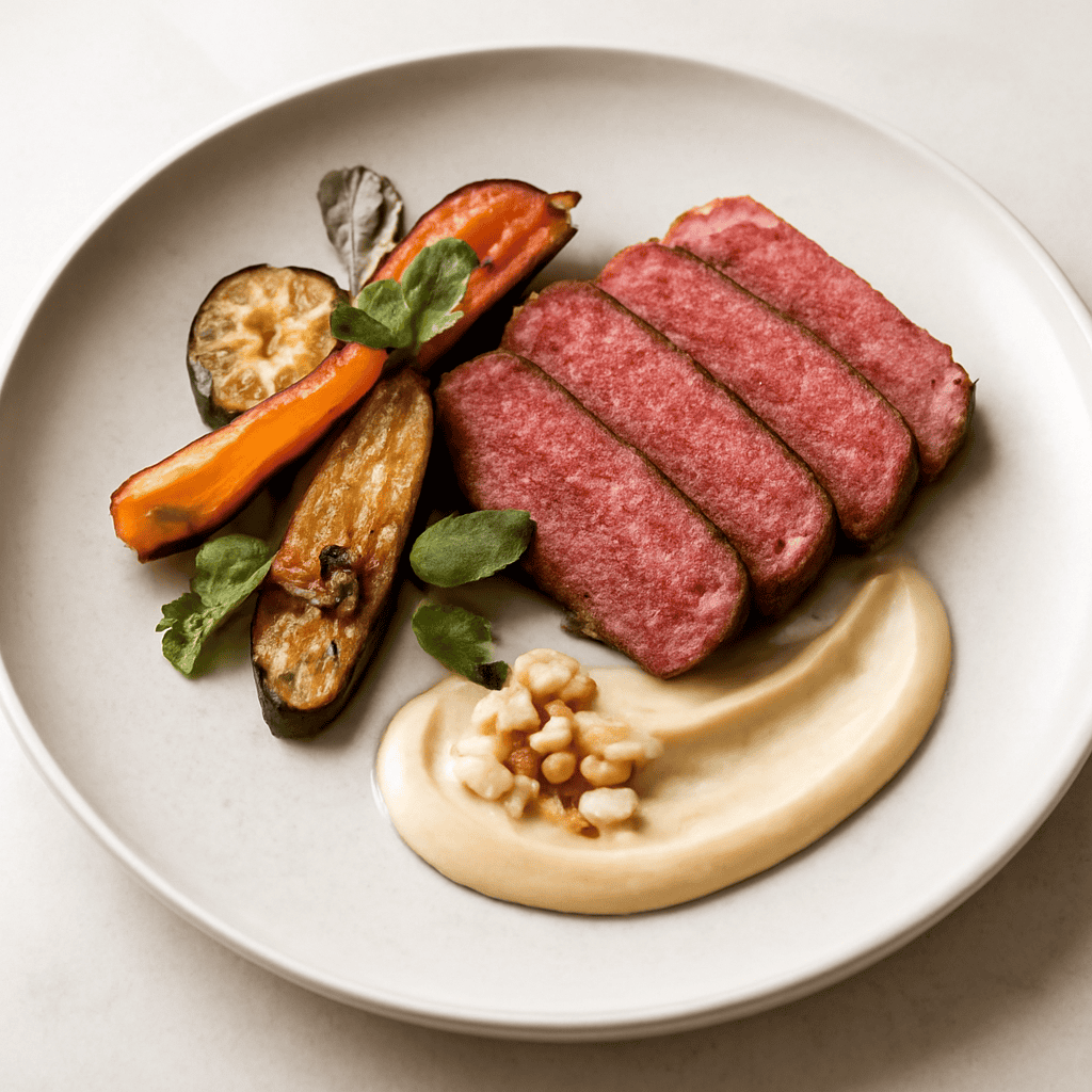 Tataki di manzo con verdure arrostite e maionese alle nocciole