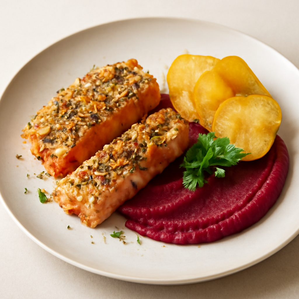 Tataki di salmone gratinato alle noci e cardamomo Con crema di rape rosse e chips di patate