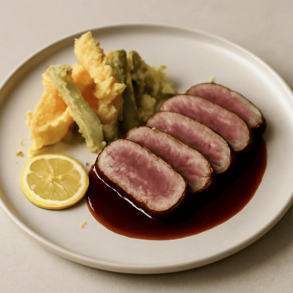 Tataki di scamone di vitello su salsa al vino di porto agli agrumi e tempura di verdure