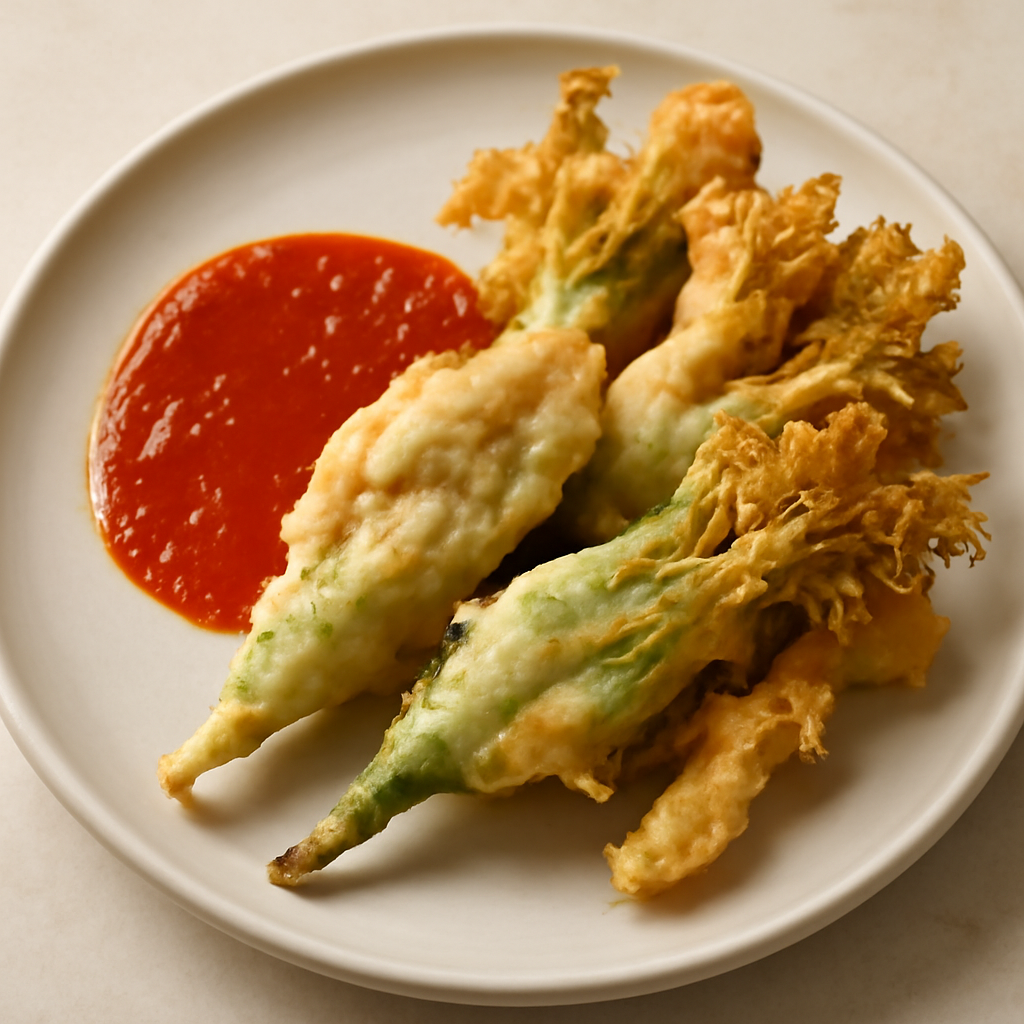 Tempura di Fiori di zucca sambuco & vitabbie in Salsa agrodolce