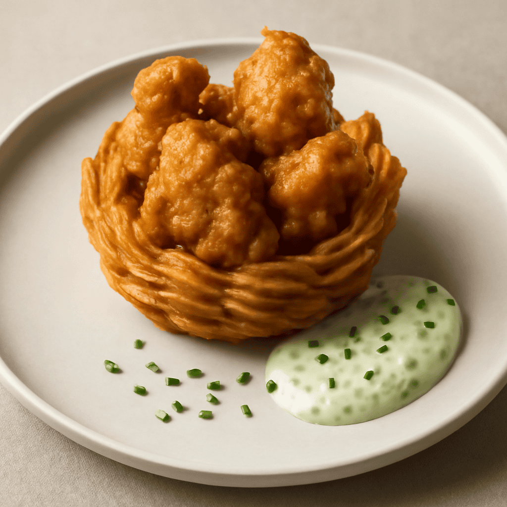 Tempura di Pollo al curry, in cestino di Duchessa con Salsa all’erba Cipollina