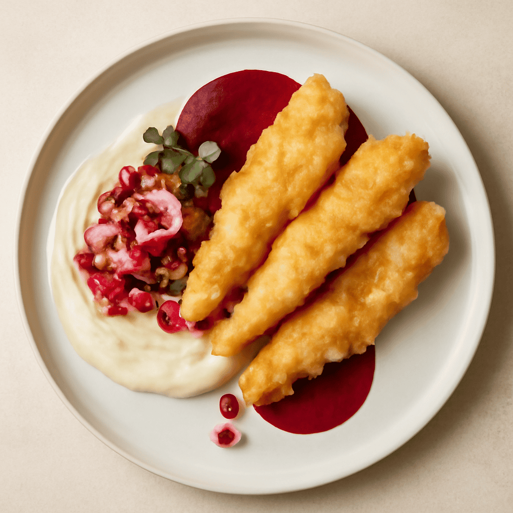 Tempura di trota con crema di patate al polpo, salsa di rape rosse e melograno
