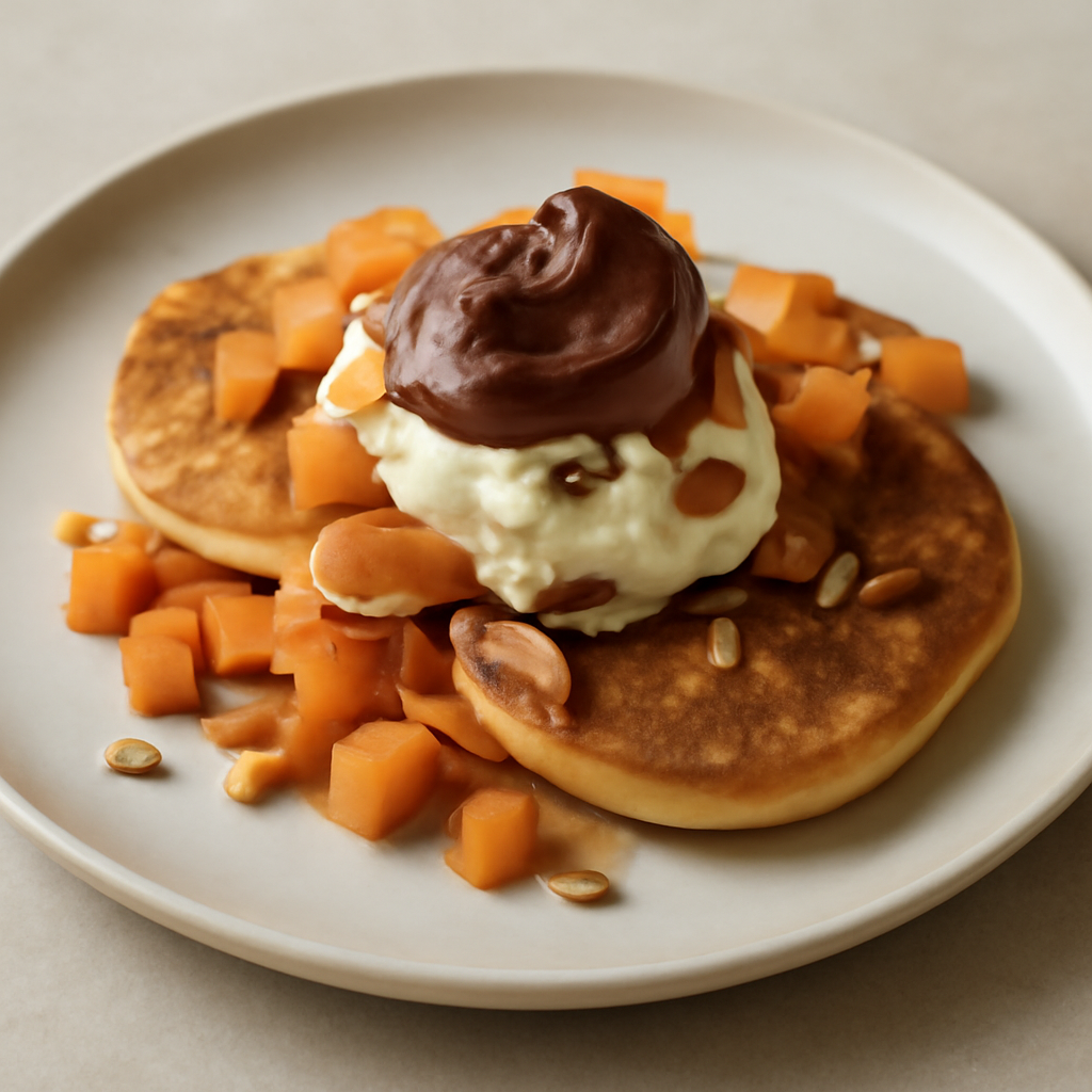 Tiramisù destrutturato con pancakes e frutta fresca