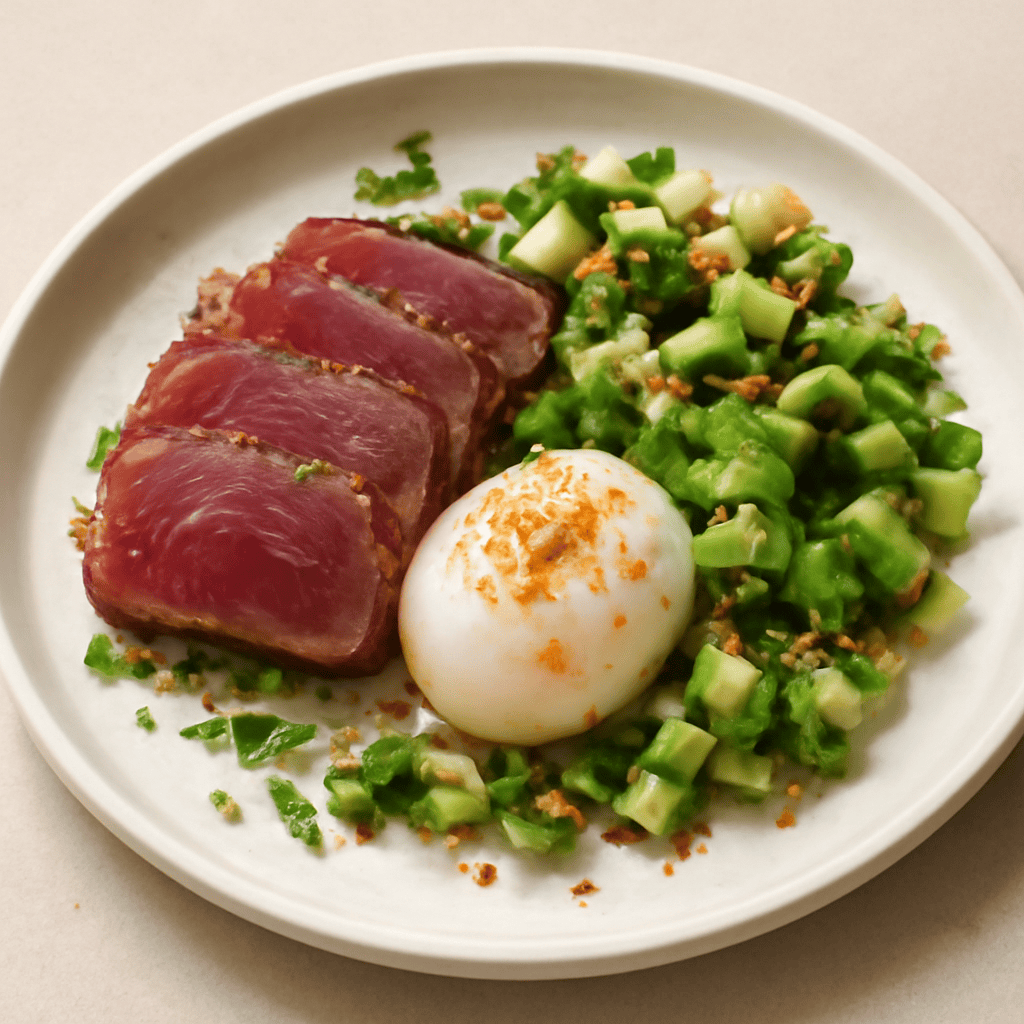 TONNO AFFUMICATO CON “ONSEN-TAMAGO” E BOTTARGA