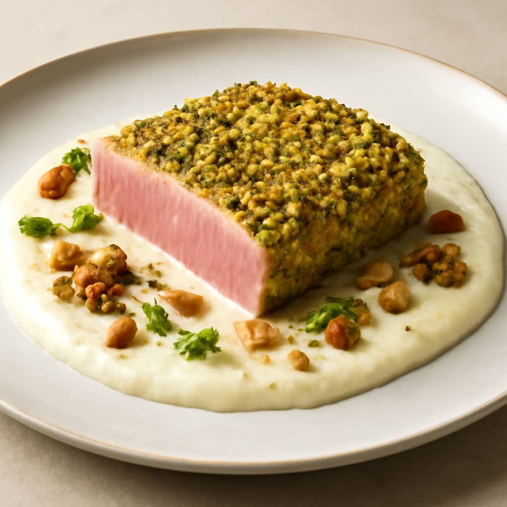Tonno in crosta di pistacchi su fonduta di taleggio