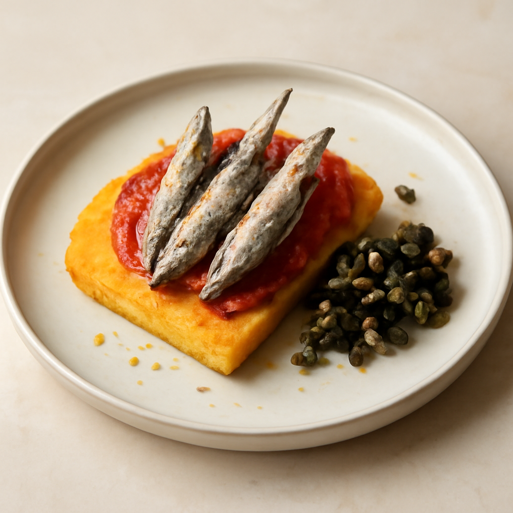 Torretta di alici su crostone di polenta, passatina di pomodoro e tartare di capperi e olive