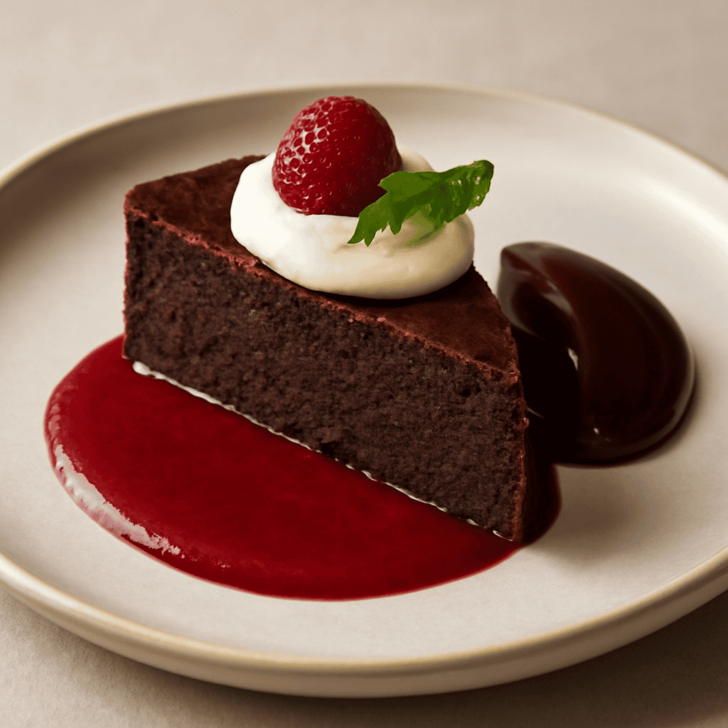 Torta al cioccolato con coulis cremosa di lamponi e ganache alla menta