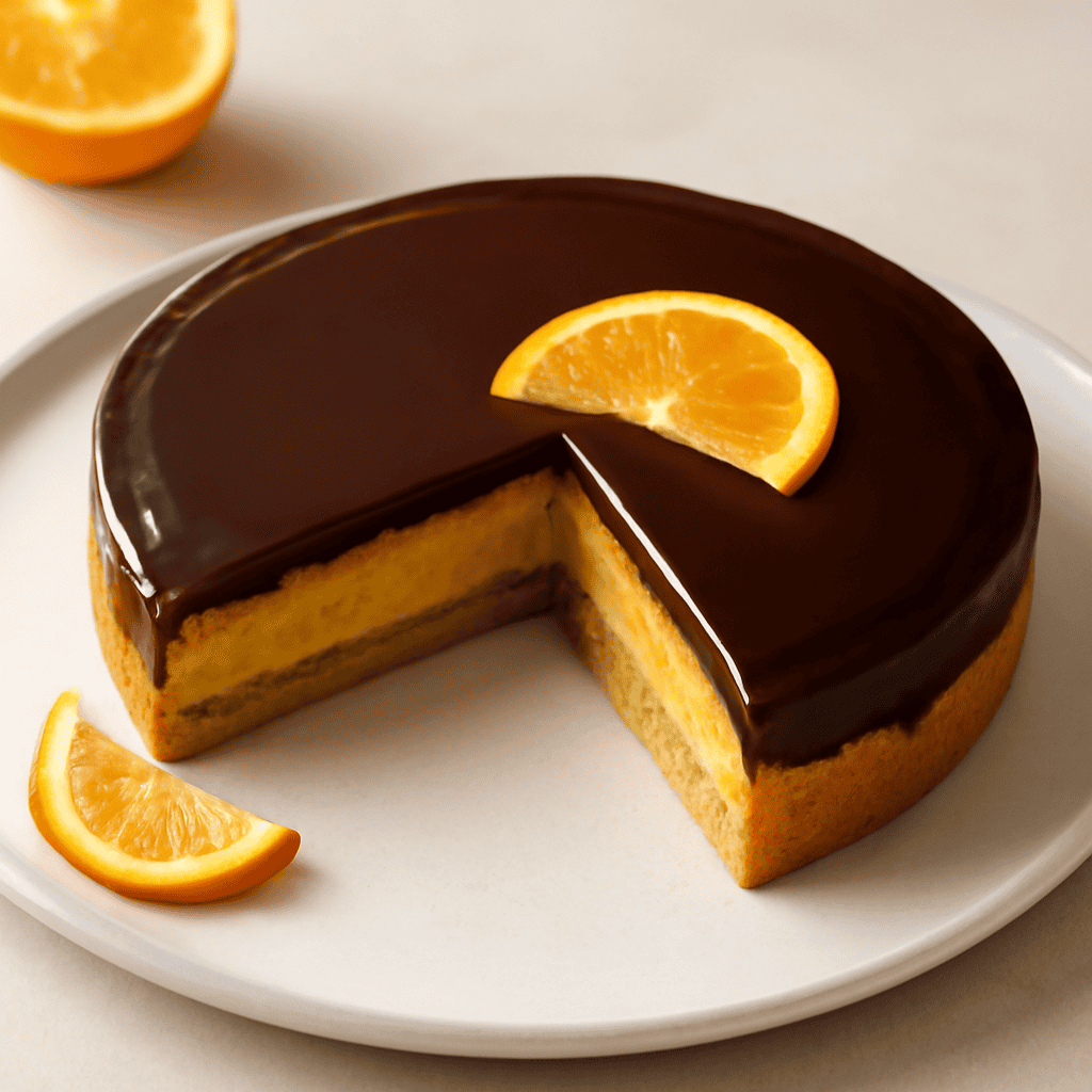 Torta all’arancia ricoperta da ganache al cioccolato