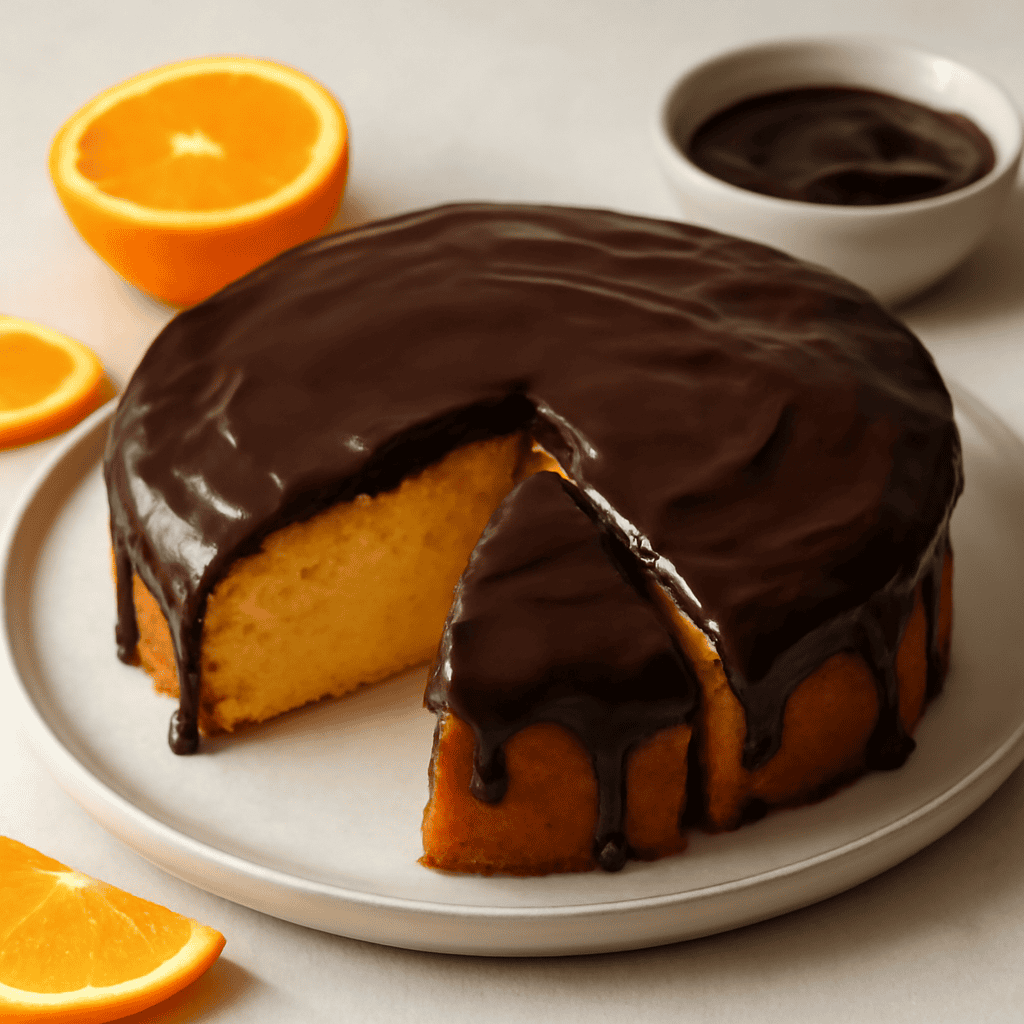 Torta all’arancio con glassa al cioccolato fondente