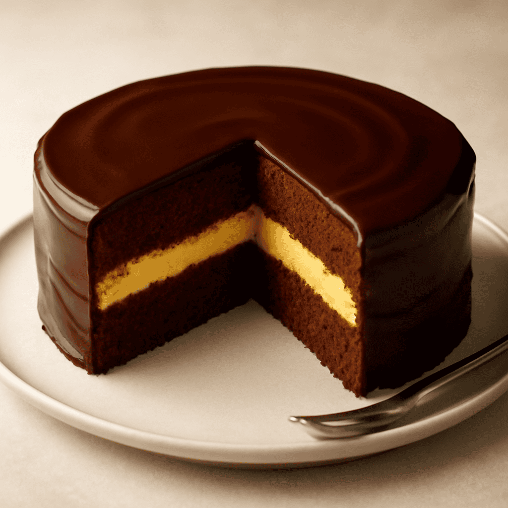 Torta con glassa al cioccolato ripiena con crema allo zabaglione