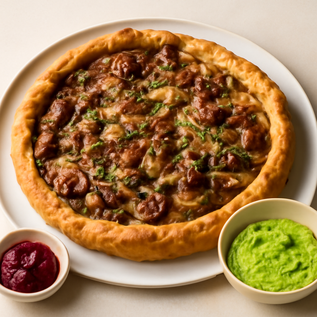 Torta salata con funghi, salsiccia e cipolle caramellate con salsa alle zucchine