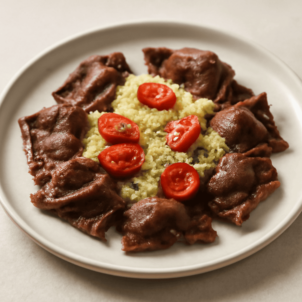 Tortelli al cacao con crema di zucchine e pomodorini