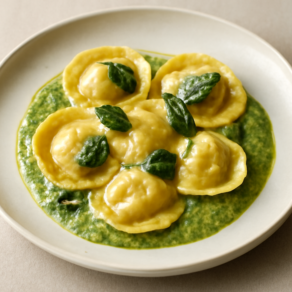 Tortelli al merluzzo su crema di zucchine e basilico croccante