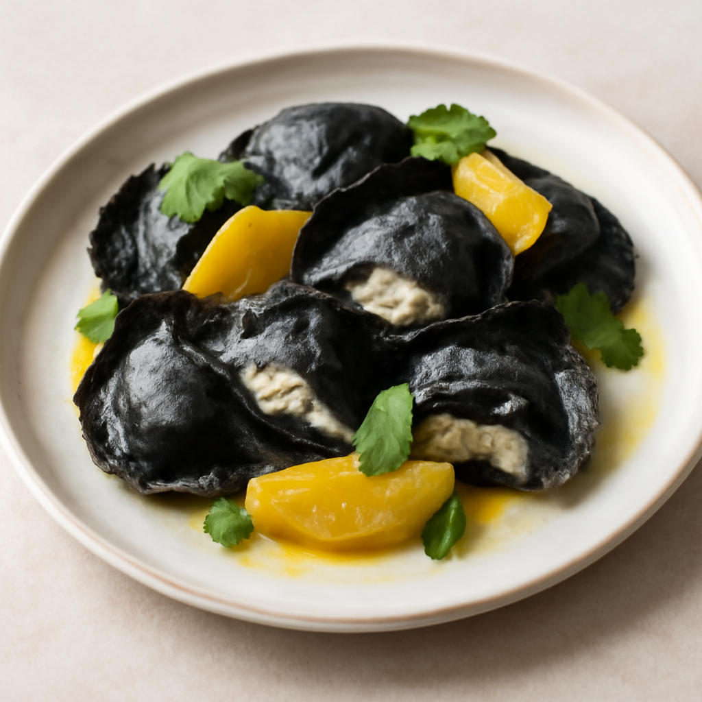 Tortelli al nero di seppia con ripieno di merluzzo sapore d’arancia e profumo di menta