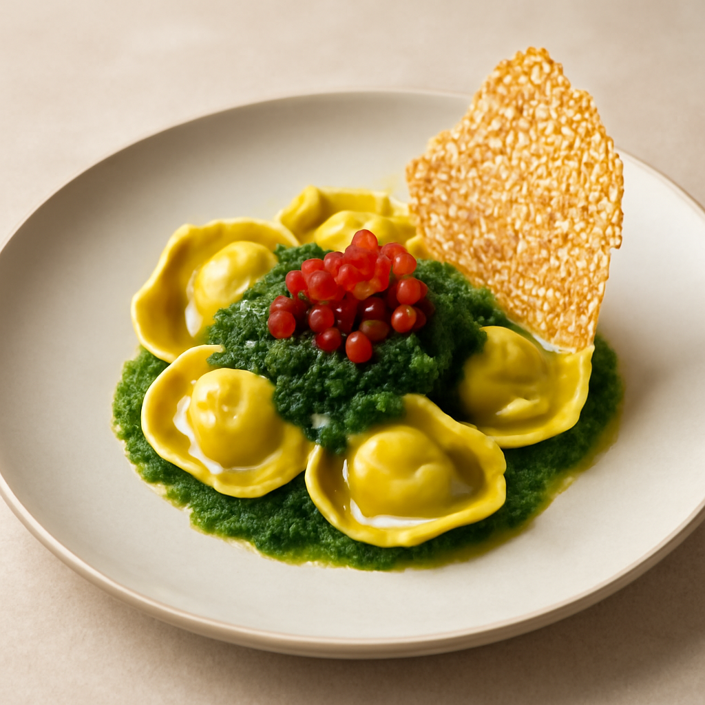 Tortelli alla crescenza con pesto di rucola, brunoise di peperoni e cialda di parmigiano al sesamo