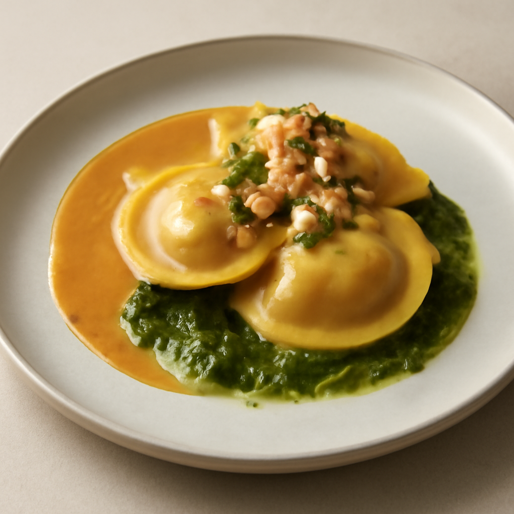 tortelli asciutti di bisque di gamberi, battuto di gamberi, salsa al curry e verde