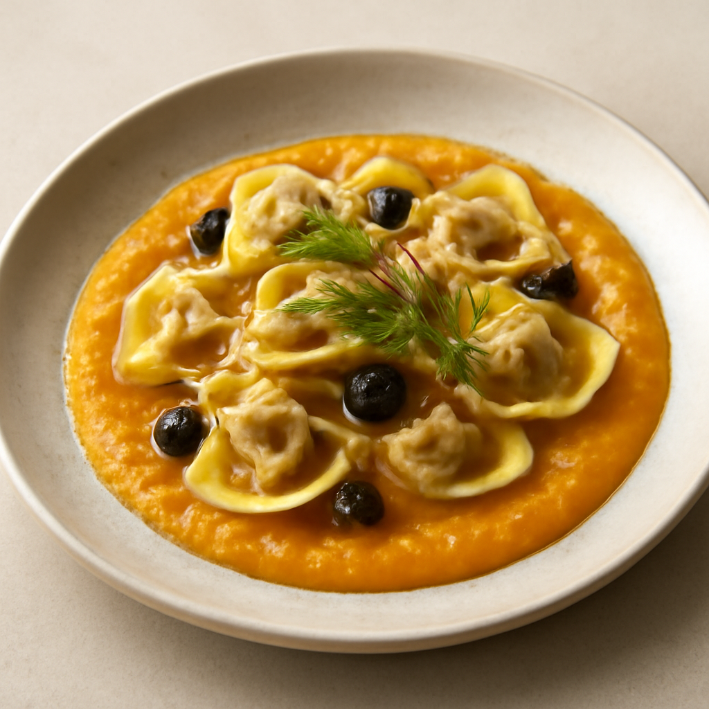 Tortelli con cardi e ricotta su crema di zucca