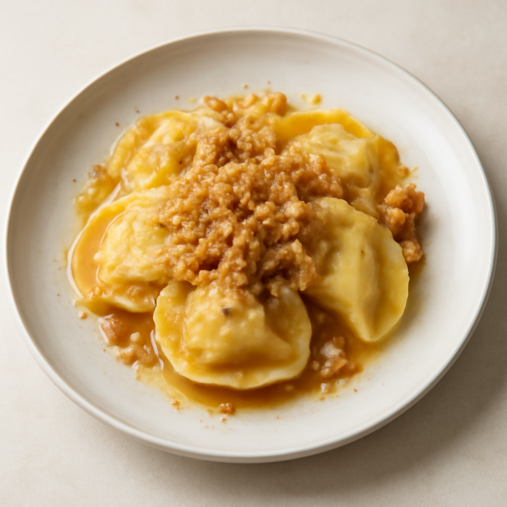tortelli con crumble di mele in agrodolce