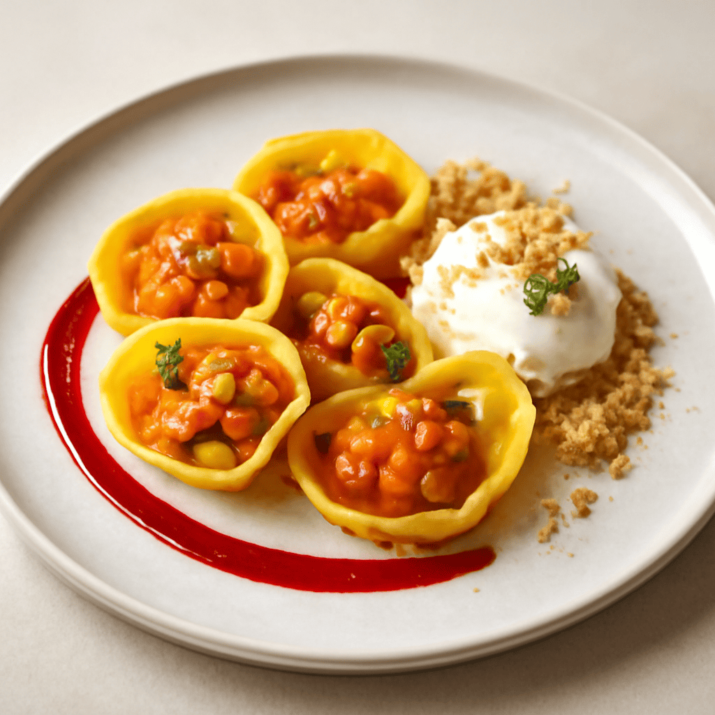 Tortelli con tartare di salmone e mango