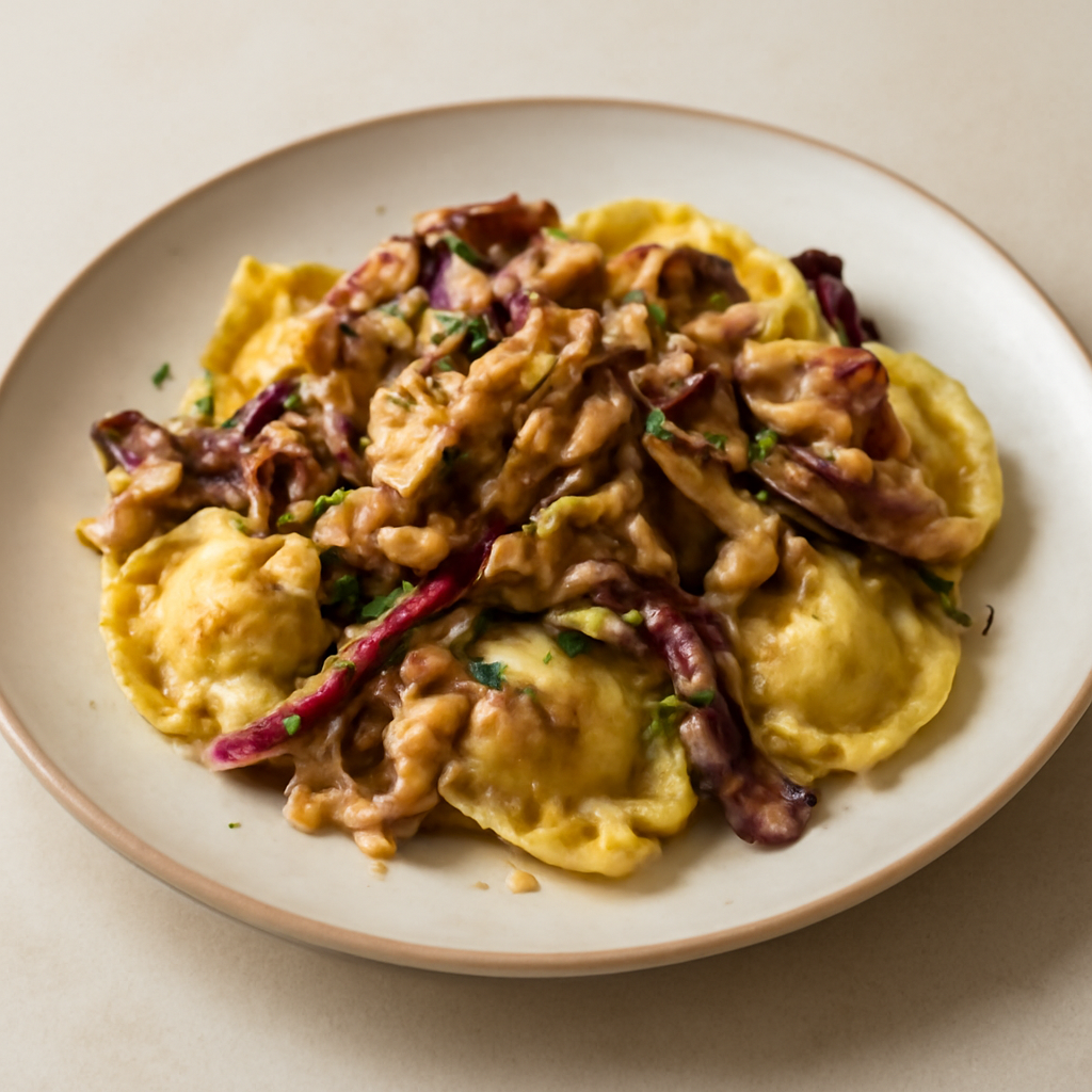 Tortelli di radicchio con tacchino, porcini e noci