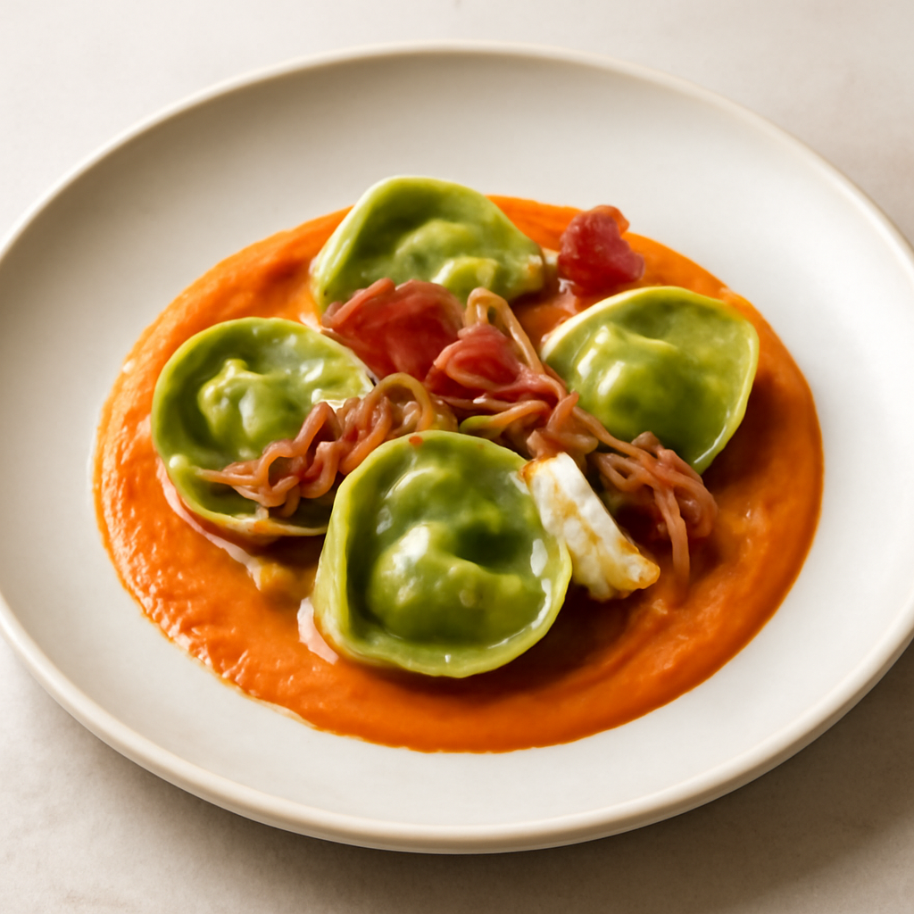 Tortelli di spinaci e briè su crema di peperoni e speck croccante