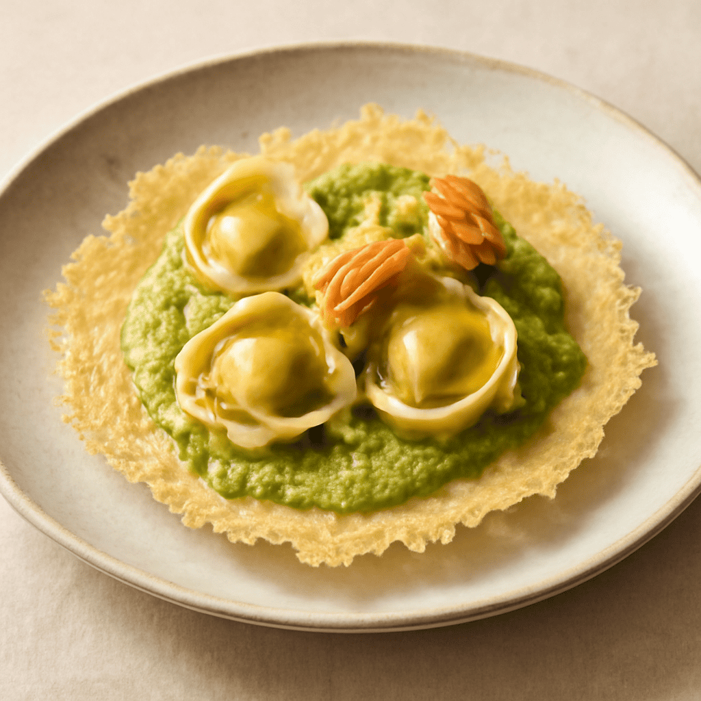 tortelli in crema di broccolo e fiore di zucca su cialda di parmigiano