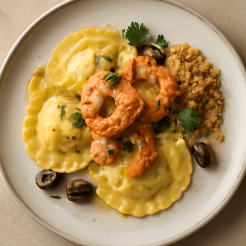 tortelli ripieni di merluzzo con pane croccante e gamberi