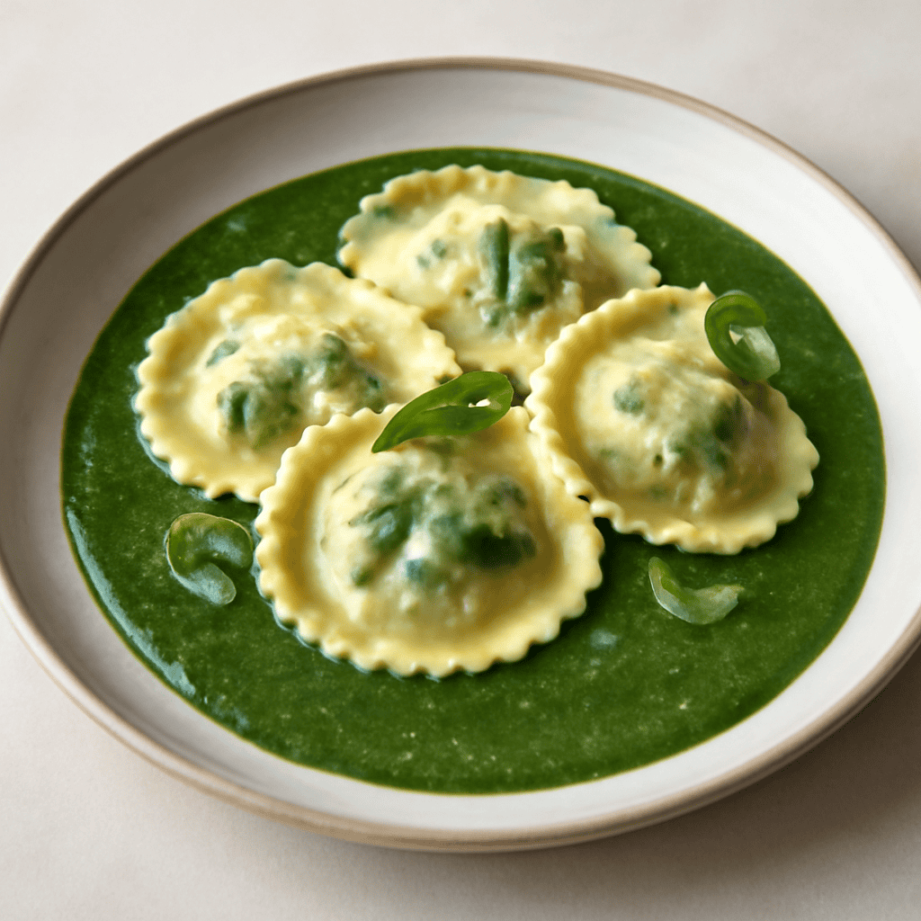 tortelli ripieni di ricotta e spinaci in vellutata di spinaci