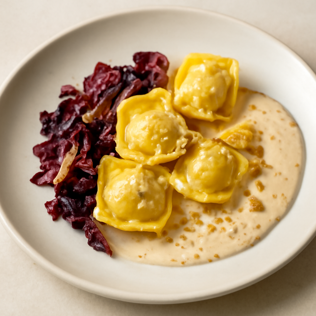 tortelli ripieni di ricottina e speck con radicchio e crema di noci