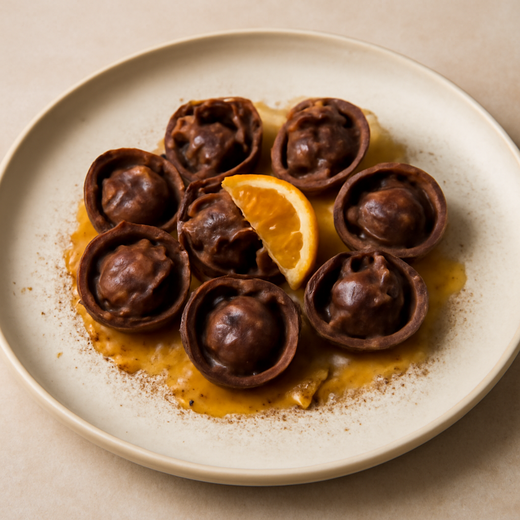 TORTELLINI AROMATIZZATI AL CACAO, PEPERONCINO E CANNELLA IN RIDUZIONE D’ARANCIA.