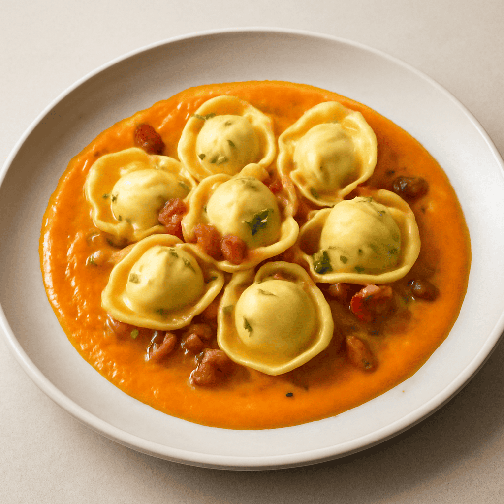 Tortellini ripieni di zucchine, ricotta e pancetta su salsa al peperone giallo