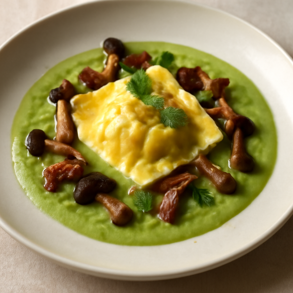 Tortello di burrata con crema di piselli aria di menta funghi pioppini e pancetta croccante