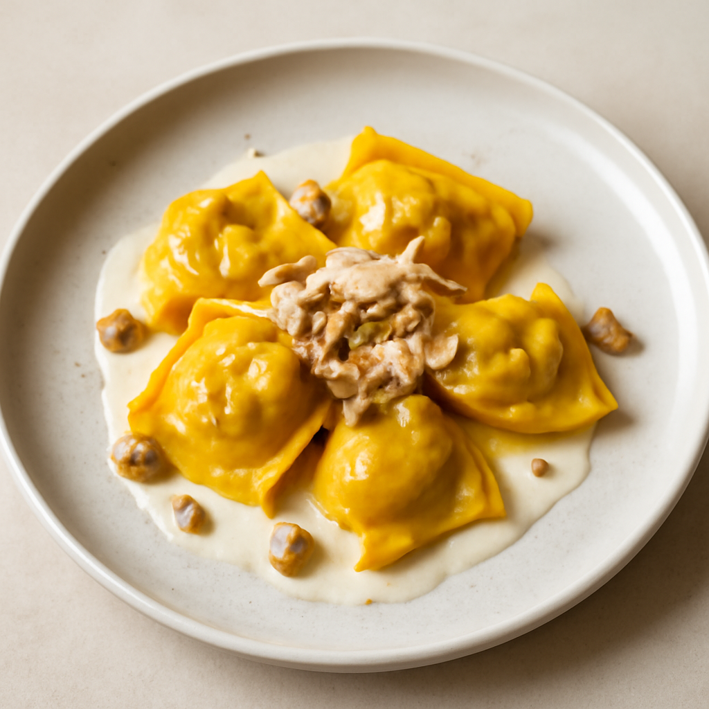 Tortello di pollo alla curcuma con salsa di fontina è noci