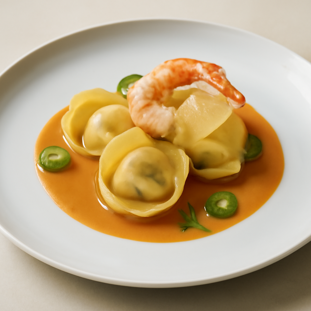 Tortello gambero lime e zenzero, bisque di carapace e gelatina al limone