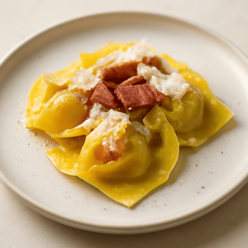 Tortello ripieno di crema di pecorino romano e tuorlo morbido, guanciale croccante e scaglie di pecorino romano