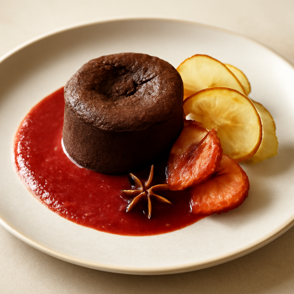 Tortino al cioccolato con chips di mela e coulis di fragola speziata