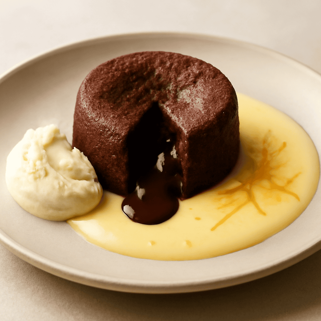 Tortino al cioccolato con cuore di mou e crema all’arancia