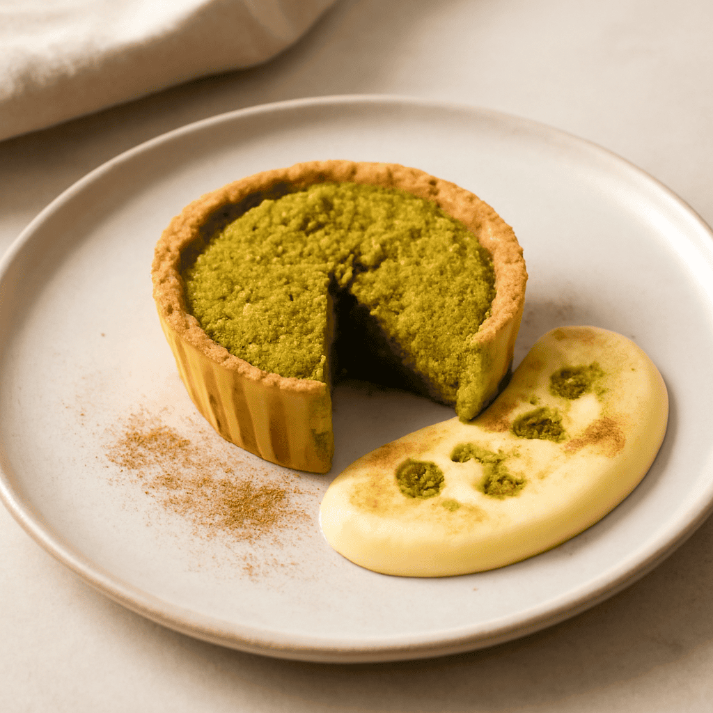 Tortino al pistacchio aromatizzato allo zafferano con crema pasticciera allo zenzero e cannella.