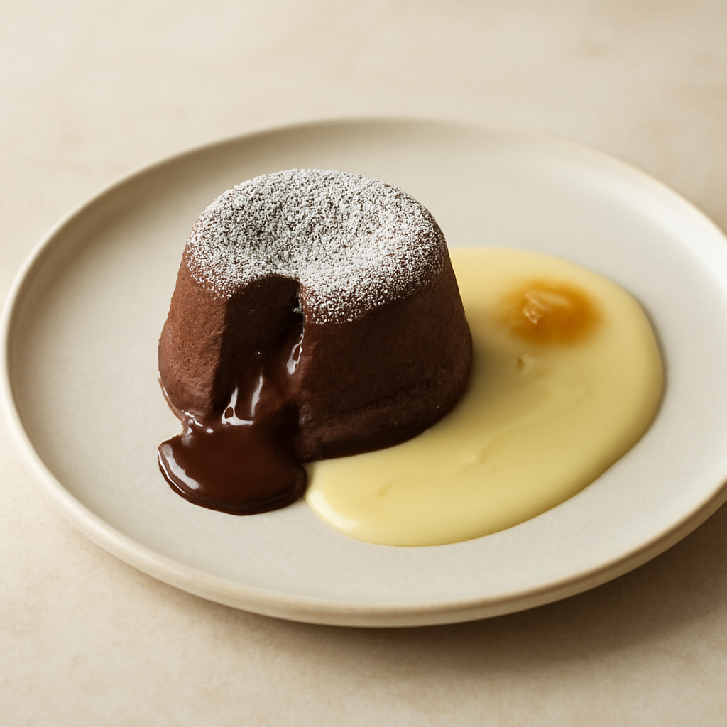 Tortino caprese fondente con crema al cioccolato bianco e zenzero