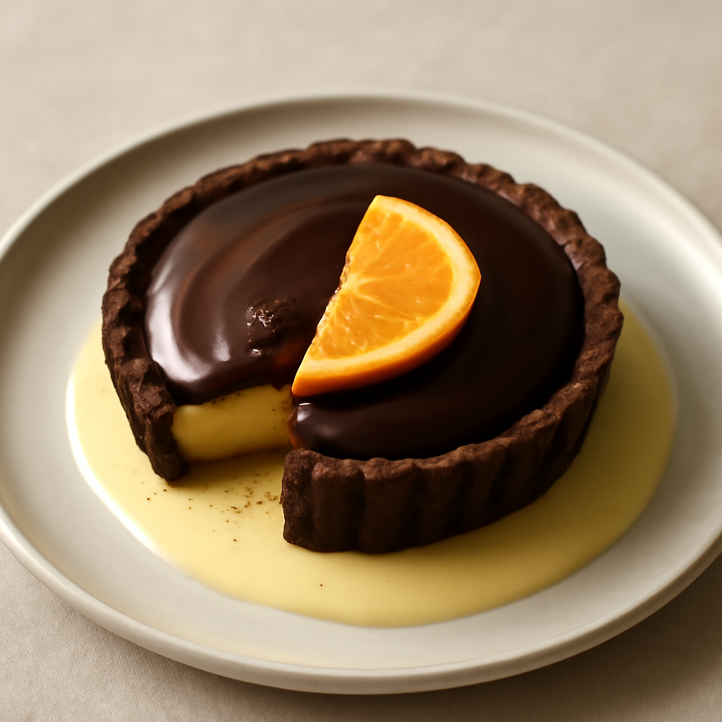 Tortino con crema all’arancio racchiuso da una frolla al cioccolato