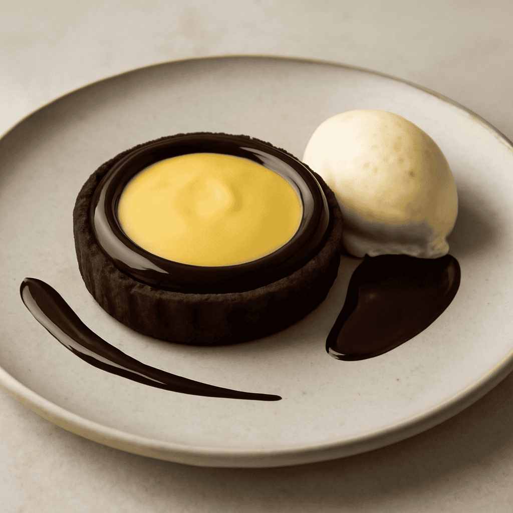 Tortino con crema allo zabaglione e bisquit al cacao