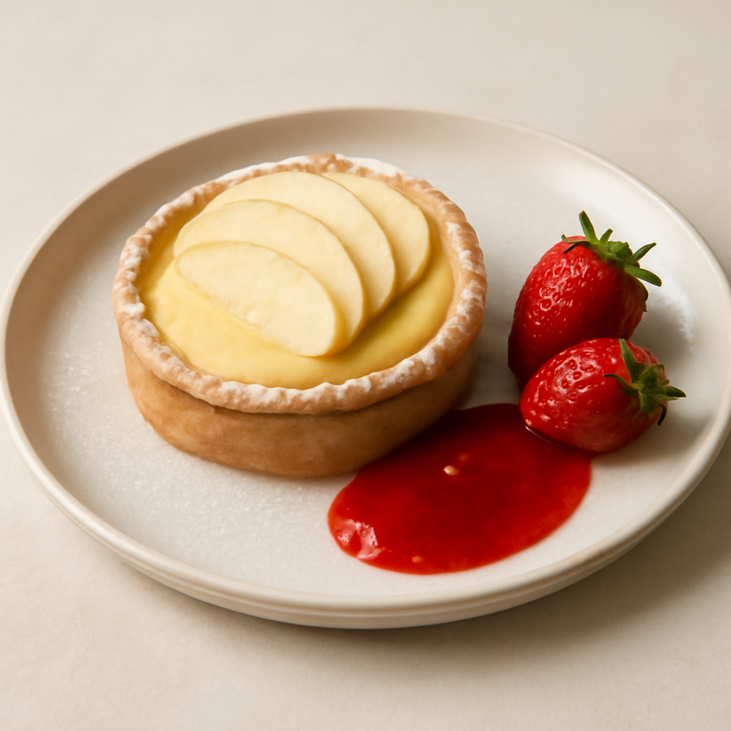 Tortino con crema e mele con culì di fragole