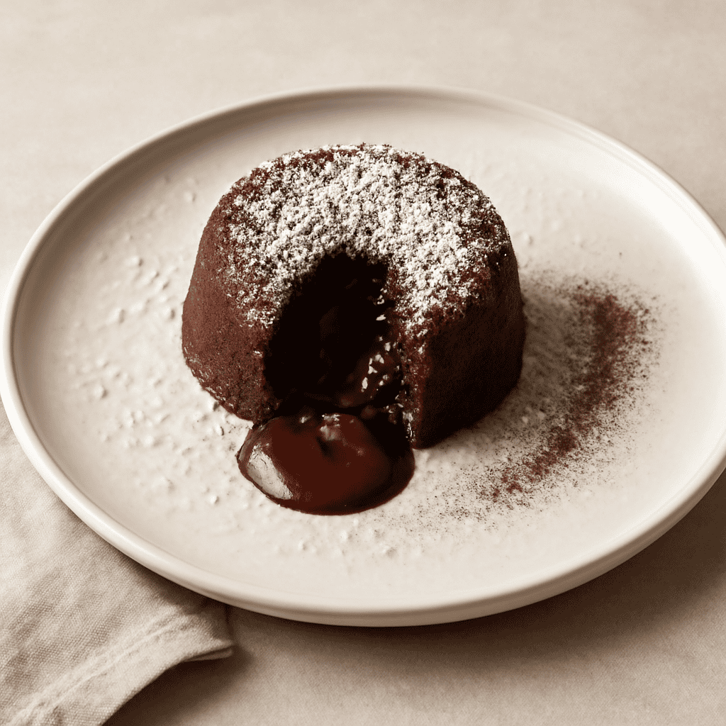 Tortino con cuore fondente al cioccolato e cannella con pioggia di cocco