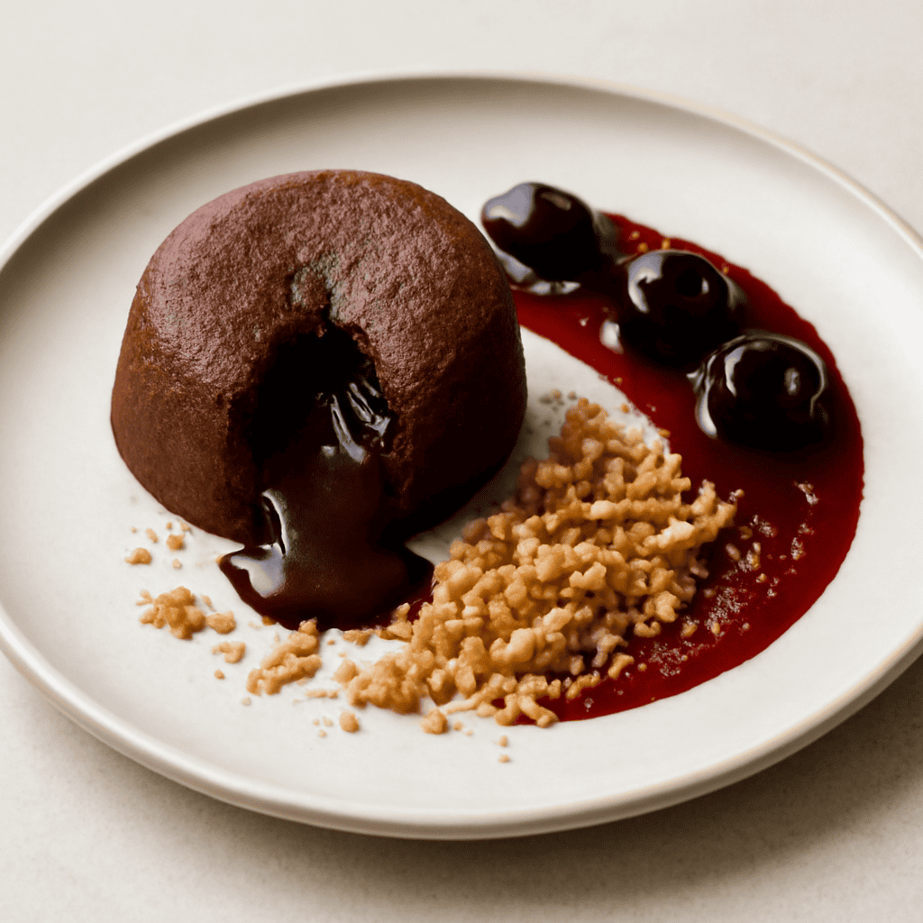 Tortino cuore caldo con crumble di nocciole e crema di ciliegie