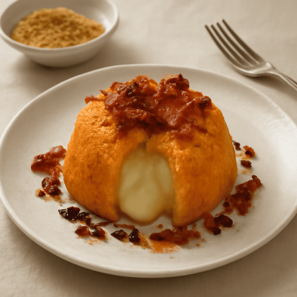 TORTINO DI CAROTE CON CUORE DI SCAMORZA AFFUMICATA E SPECK CROCCANTE