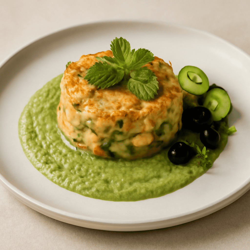 Tortino di Gamberi su Salsa di Zucchine ed Aria di Menta