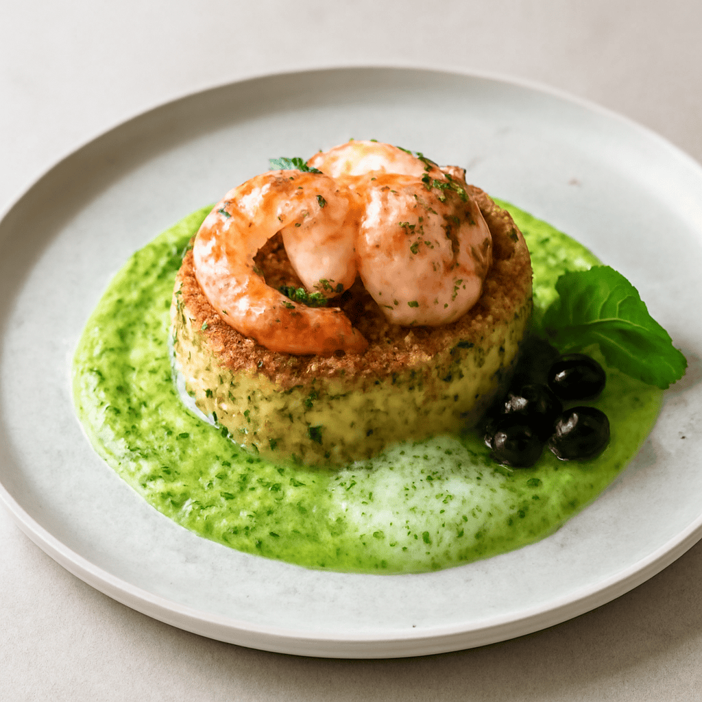 Tortino di Gamberi su Salsa di Zucchine ed Aria di Menta