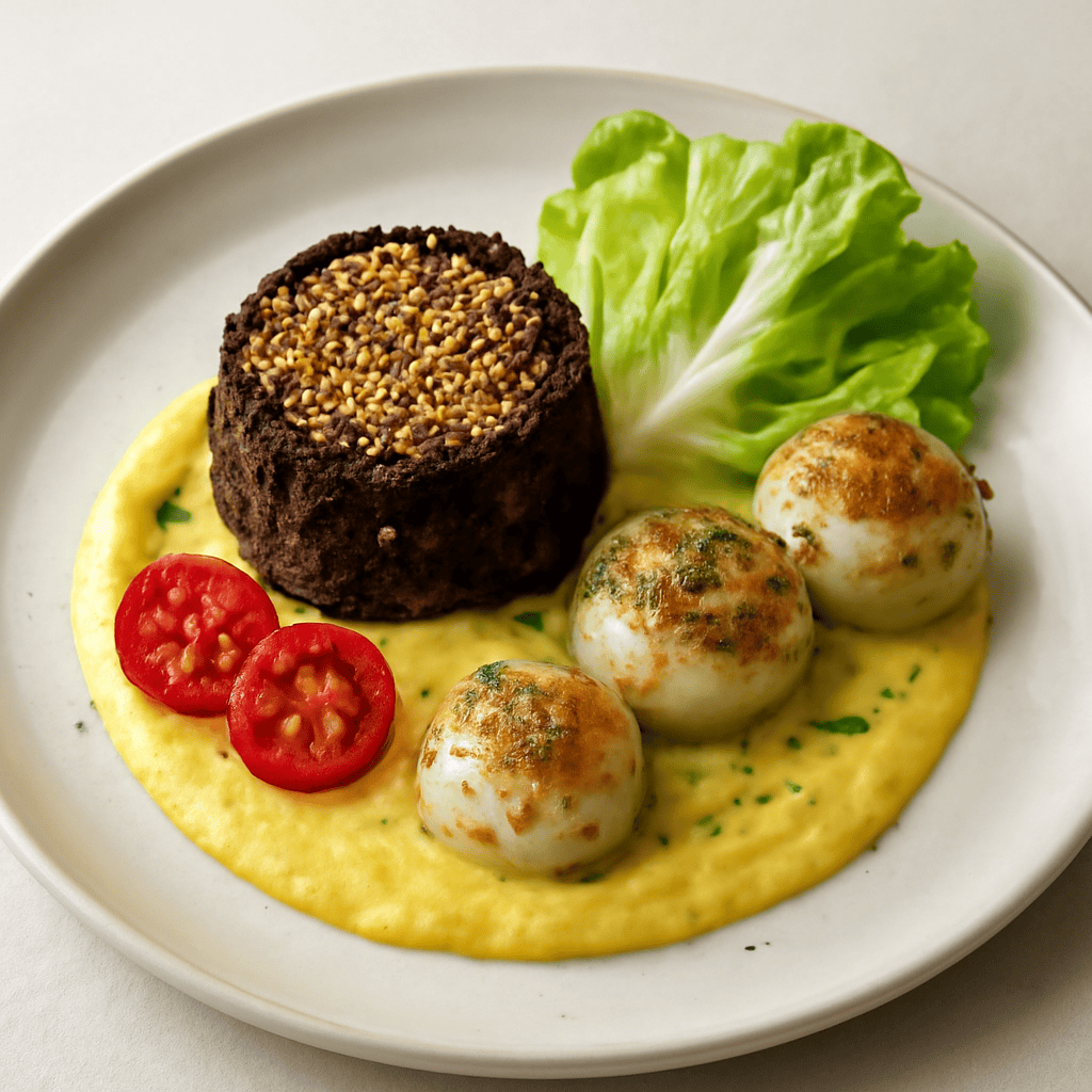 TORTINO DI MOROS E PORRI SU CREMA DI MAIS CON POLPETTINE DI HALIBUT
